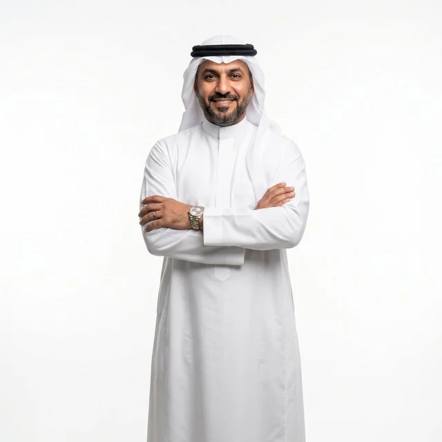 رجل سعودي بالزي التقليدي يقف مكتوف اليدين