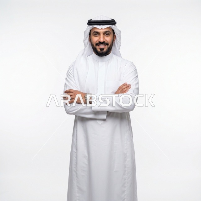 رجل عربي بالثوب التقليدي يقف على خلفية بيضاء