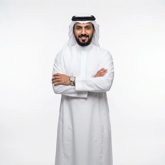 Arab Man in Traditional Thobe Standing on White Background