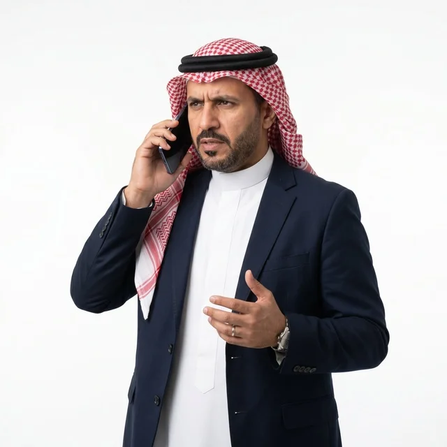 رجل أعمال سعودي يجري مكالمة هاتفية على خلفية بيضاء