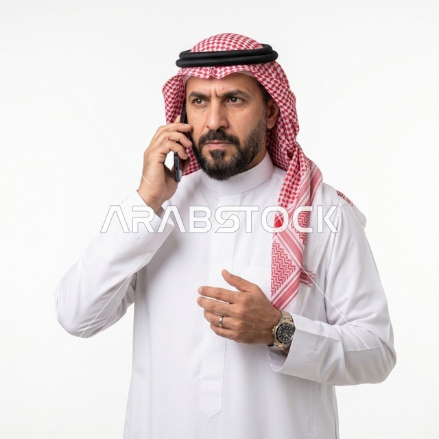 رجل سعودي يتحدث بالهاتف على خلفية بيضاء