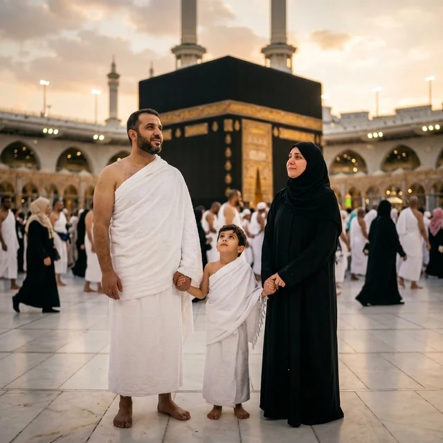 Muslim Family at Kaaba Mecca Masjid al-Haram Sunset