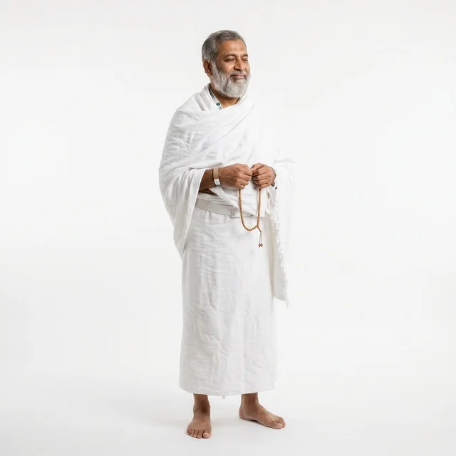 Muslim Man in Ihram Holding Prayer Beads