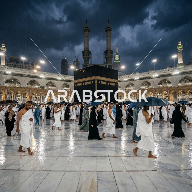 Pilgrims Performing Tawaf at Kaaba Mecca During Rain