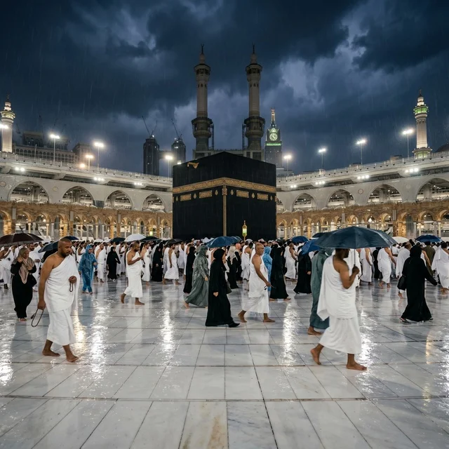 Pilgrims Performing Tawaf at Kaaba Mecca During Rain