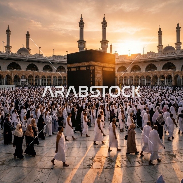 الكعبة المشرفة في مكة المكرمة مع الحجاج وقت الغروب