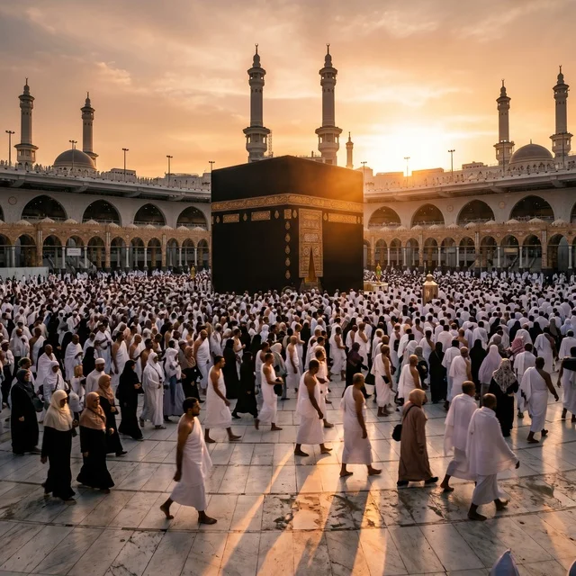 الكعبة المشرفة في مكة المكرمة مع الحجاج وقت الغروب