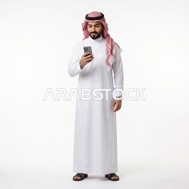 Saudi Man Using Smartphone on Plain White Background