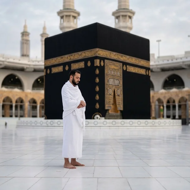 رجل مسلم يصلي أمام الكعبة المشرفة في المسجد الحرام بمكة