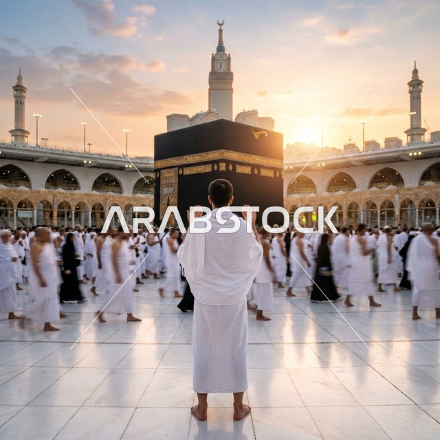 حاج مسلم يصلي أمام الكعبة المشرفة في مكة وقت الغروب