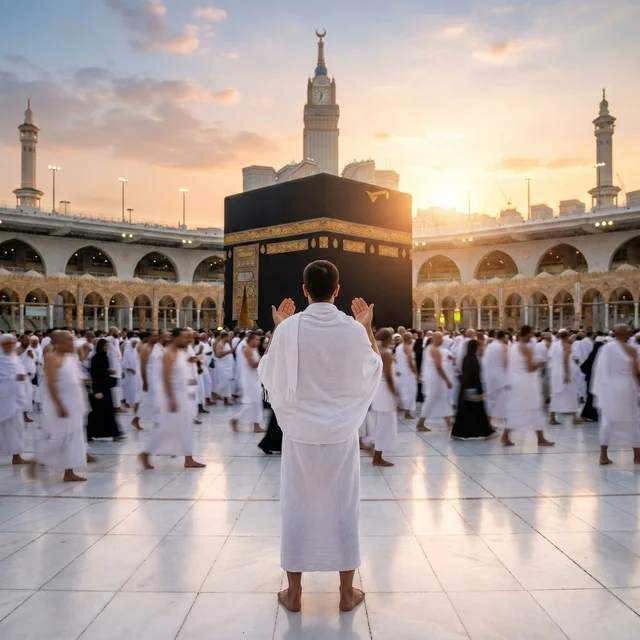 حاج مسلم يصلي أمام الكعبة المشرفة في مكة وقت الغروب
