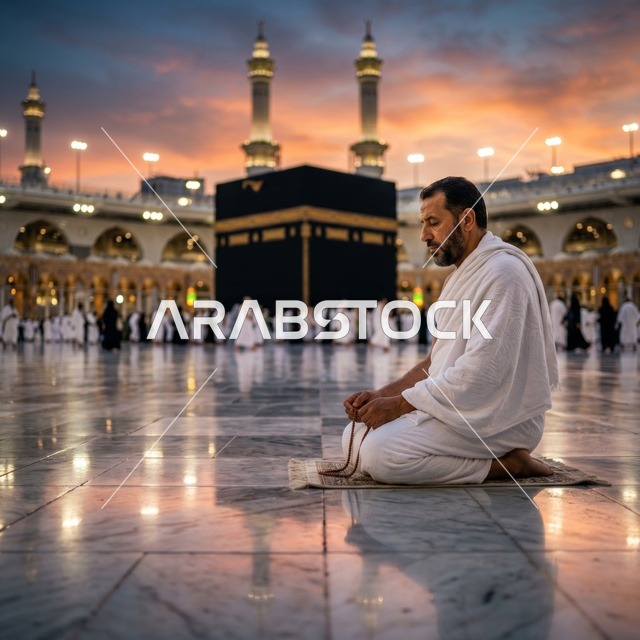 رجل مسلم يصلي أمام الكعبة في مكة وقت الغروب