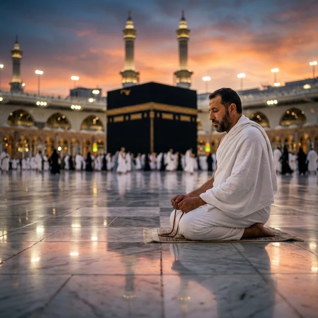 رجل مسلم يصلي أمام الكعبة في مكة وقت الغروب