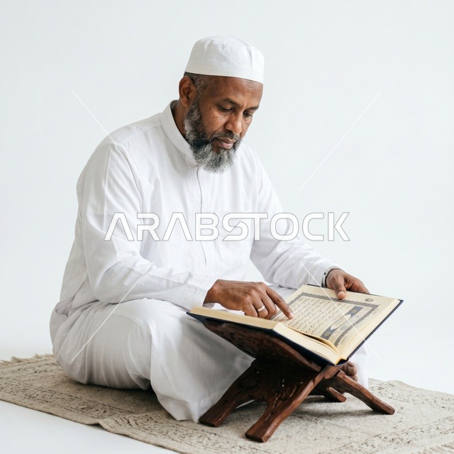 رجل مسلم مسن يقرأ القرآن على خلفية بيضاء