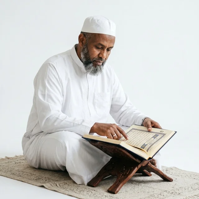 Elderly Muslim Man Reading Quran on White Background