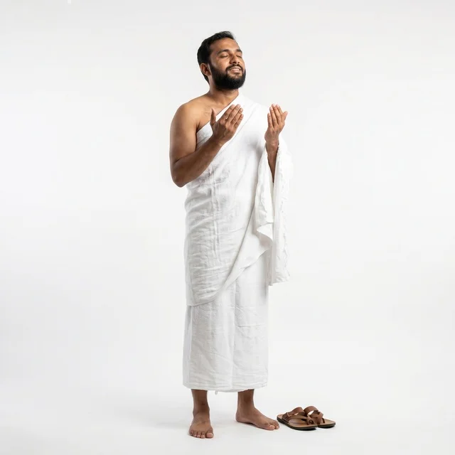 رجل مسلم بملابس الإحرام البيضاء يدعو في الاستوديو
