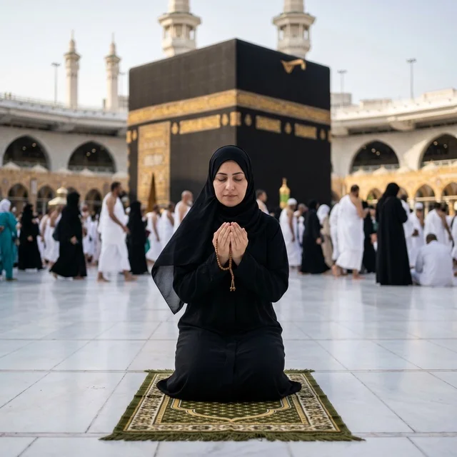 Muslim Woman Praying in Front of Kaaba Mecca Saudi Arabia