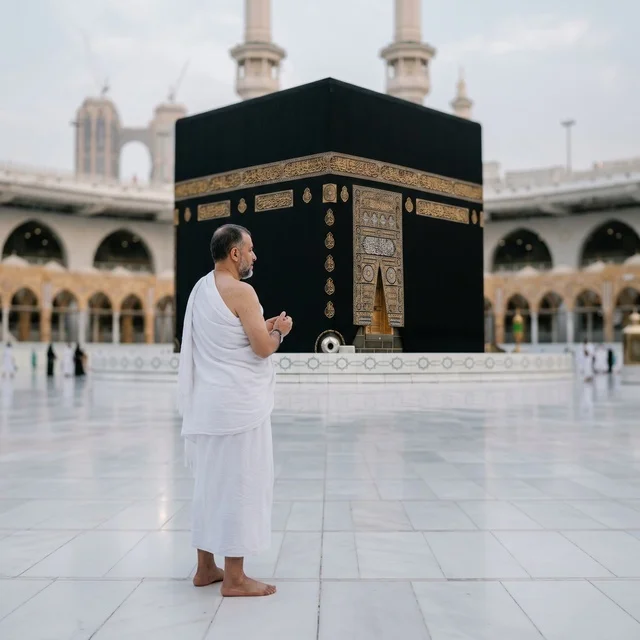 Muslim Pilgrim in Ihram at Kaaba Mecca Saudi Arabia