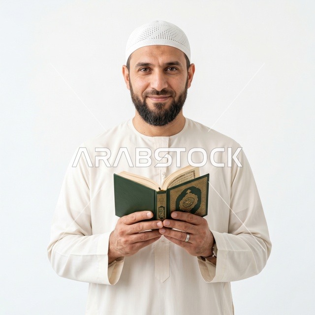 رجل مسلم يرتدي الثوب الأبيض ويمسك بالمصحف الشريف