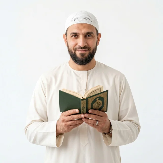 Muslim Man in White Thobe Holding Quran on White Background