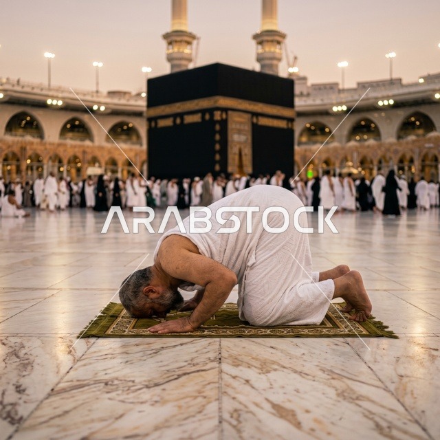 حاج مسلم يصلي أمام الكعبة المشرفة في مكة