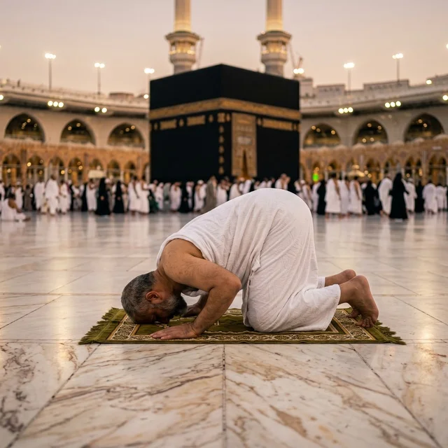 Muslim Pilgrim Praying at the Kaaba in Mecca
