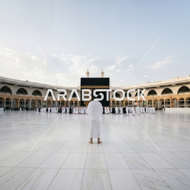 Pilgrim in Ihram Facing Kaaba at Masjid al-Haram Mecca