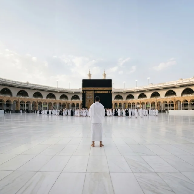 Pilgrim in Ihram Facing Kaaba at Masjid al-Haram Mecca