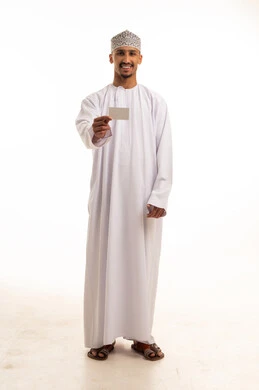 Omani Man in Traditional Dishdasha Holding Blank Card