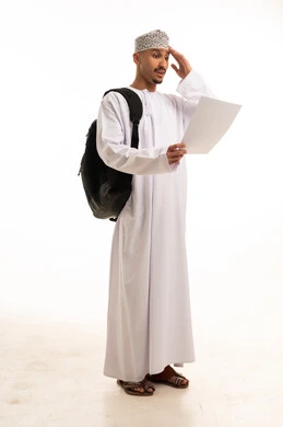 Omani Student in Traditional Dress with Backpack Surprised