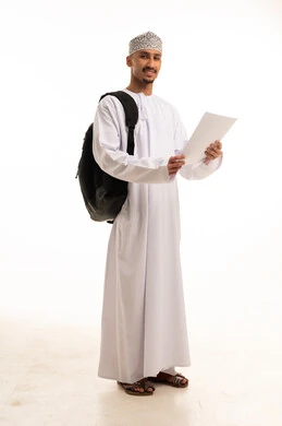 Omani Student in Traditional Dress with Backpack and Document