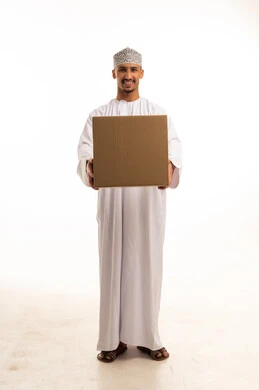 Omani Man Holding Delivery Box on White Background