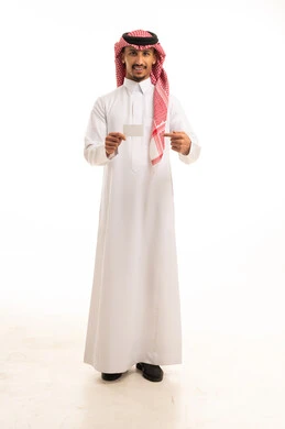 Saudi Man Holding Blank White Card in Studio