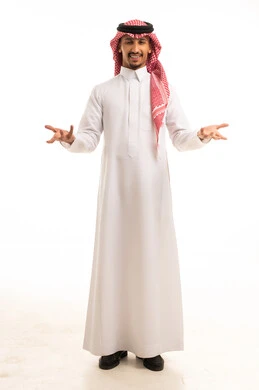 Saudi Man in Traditional Dress Gesturing on White Background