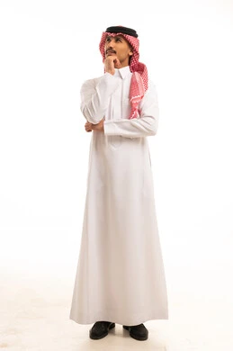 Saudi Man in Traditional Thobe Thinking on White Background