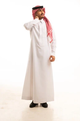 Saudi Man in Traditional Thobe with Neck Pain