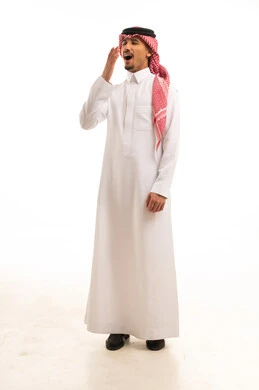 Saudi Man in Traditional Thobe Yawning on White Background
