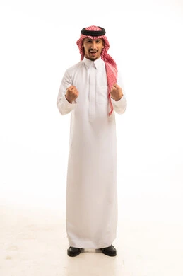 Excited Saudi Man Celebrating Success in Traditional Thobe