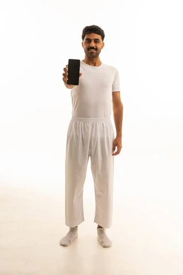 Saudi Man Holding Blank Smartphone Screen White Background