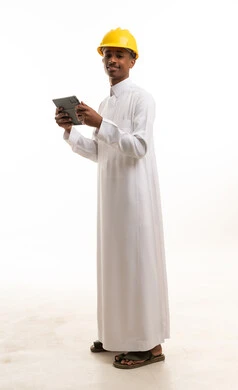 Saudi Engineer in Thobe with Hard Hat and Tablet