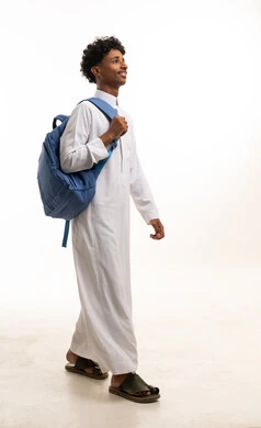 Saudi Man in White Thobe with Blue Backpack