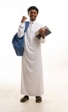 Saudi Male Student in Thobe Carrying Books and Backpack