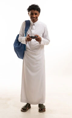 Saudi Man with Gaming Controller and Backpack on White