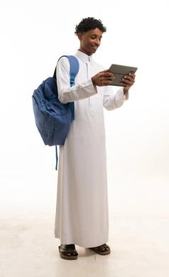 Saudi Male Student with Tablet and Backpack in Studio