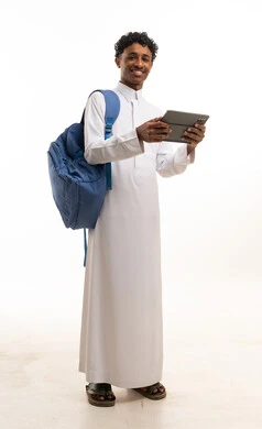 Saudi Student in Thobe with Tablet and Backpack