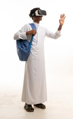 Saudi Man in Thobe with VR Headset on White Background