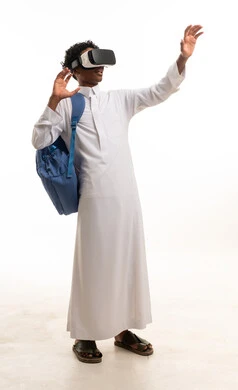 Saudi Man in Thobe Using VR Headset on White Background