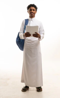 Saudi Student in White Thobe Holding Papers