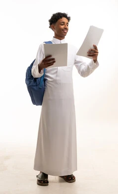 Saudi Student in White Thobe with Backpack and Papers