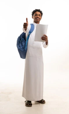 Saudi Student in White Thobe Giving Thumbs Up